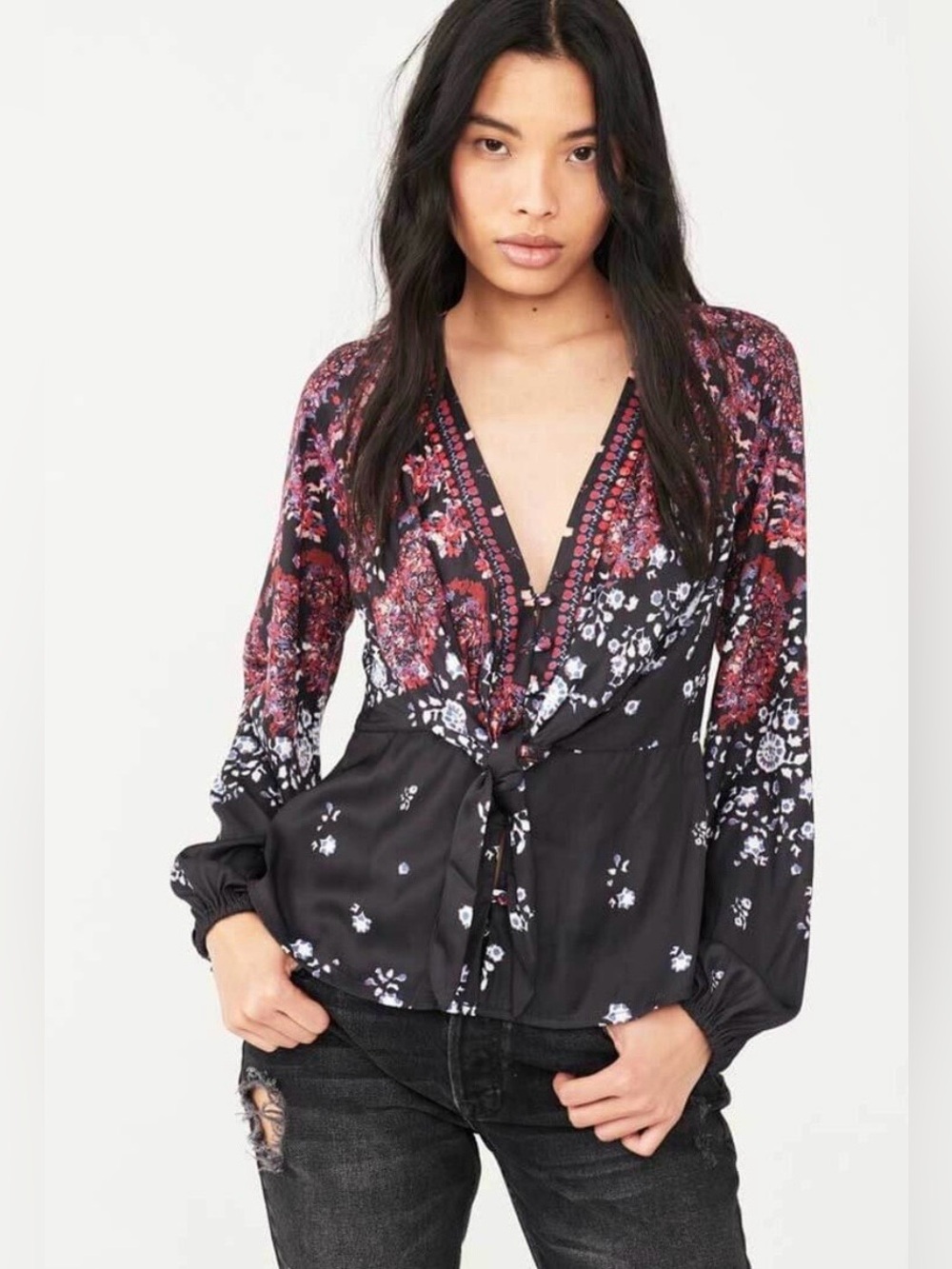 Free People Run Free Tunic Top XS Black Floral Boho Whimsigoth Night Combo